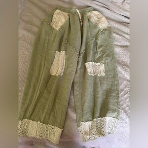 sage green gauze with lace trim and patchwork detail on front and back